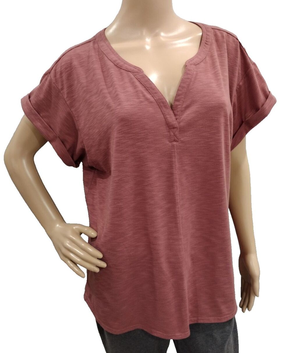 LL Bean Women's XL Red Pink Streamside Short Sleeve Splitneck Tee Shirt Top